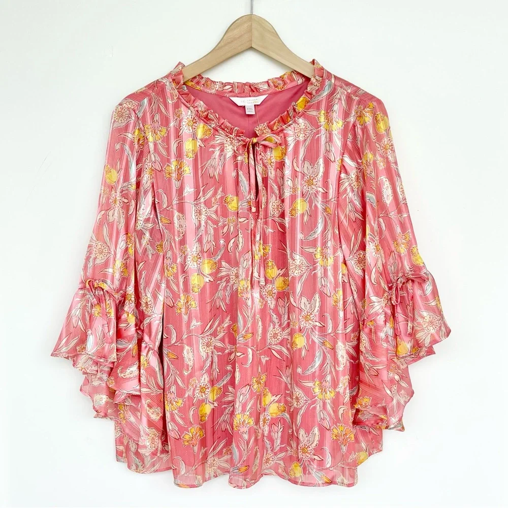 LC LAUREN CONRAD Chiffon Bohemian Blouse 3/4 Ruffle Sleeve Split Neck with Tie - Picture 4 of 12